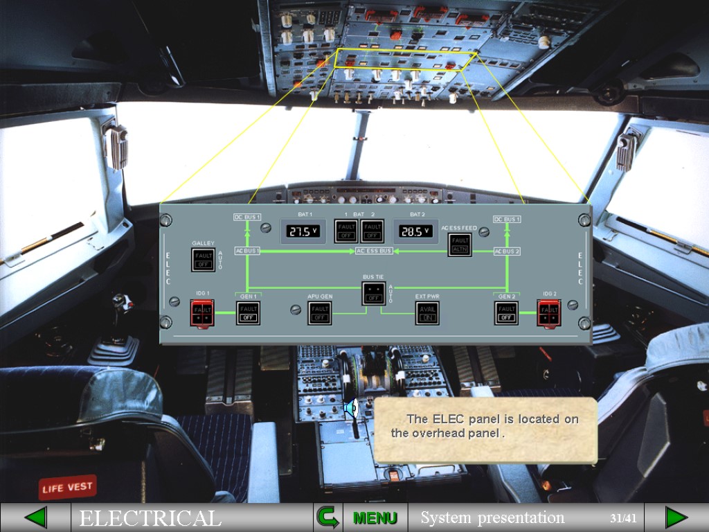 The ELEC panel is located on the overhead panel . MENU